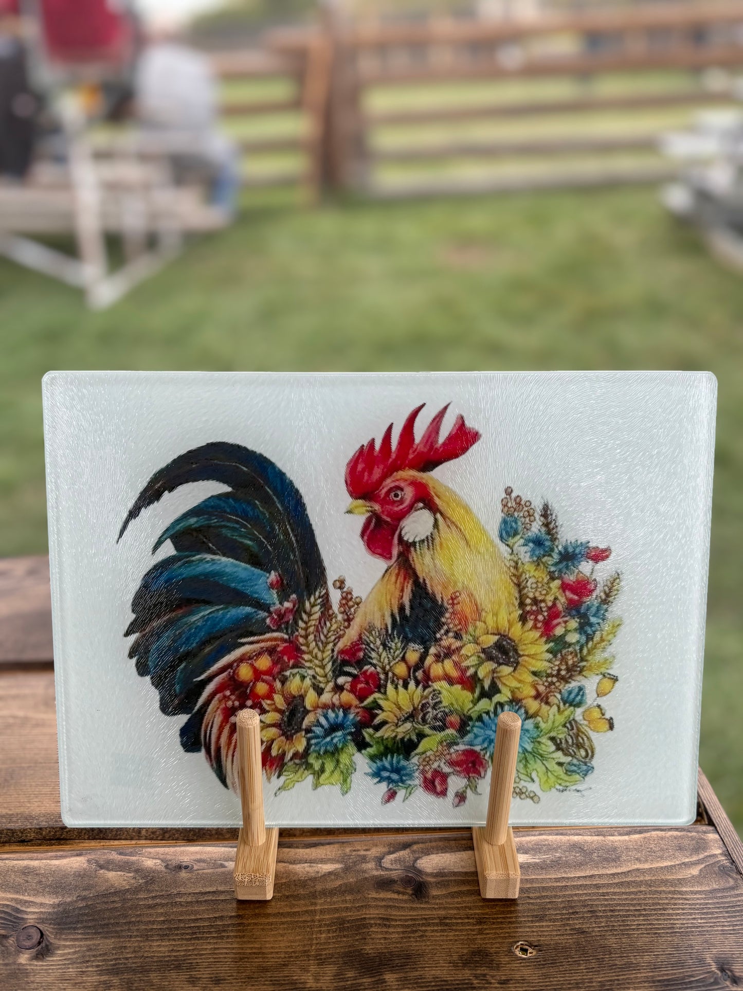 Floral Rooster Glass Cutting Board