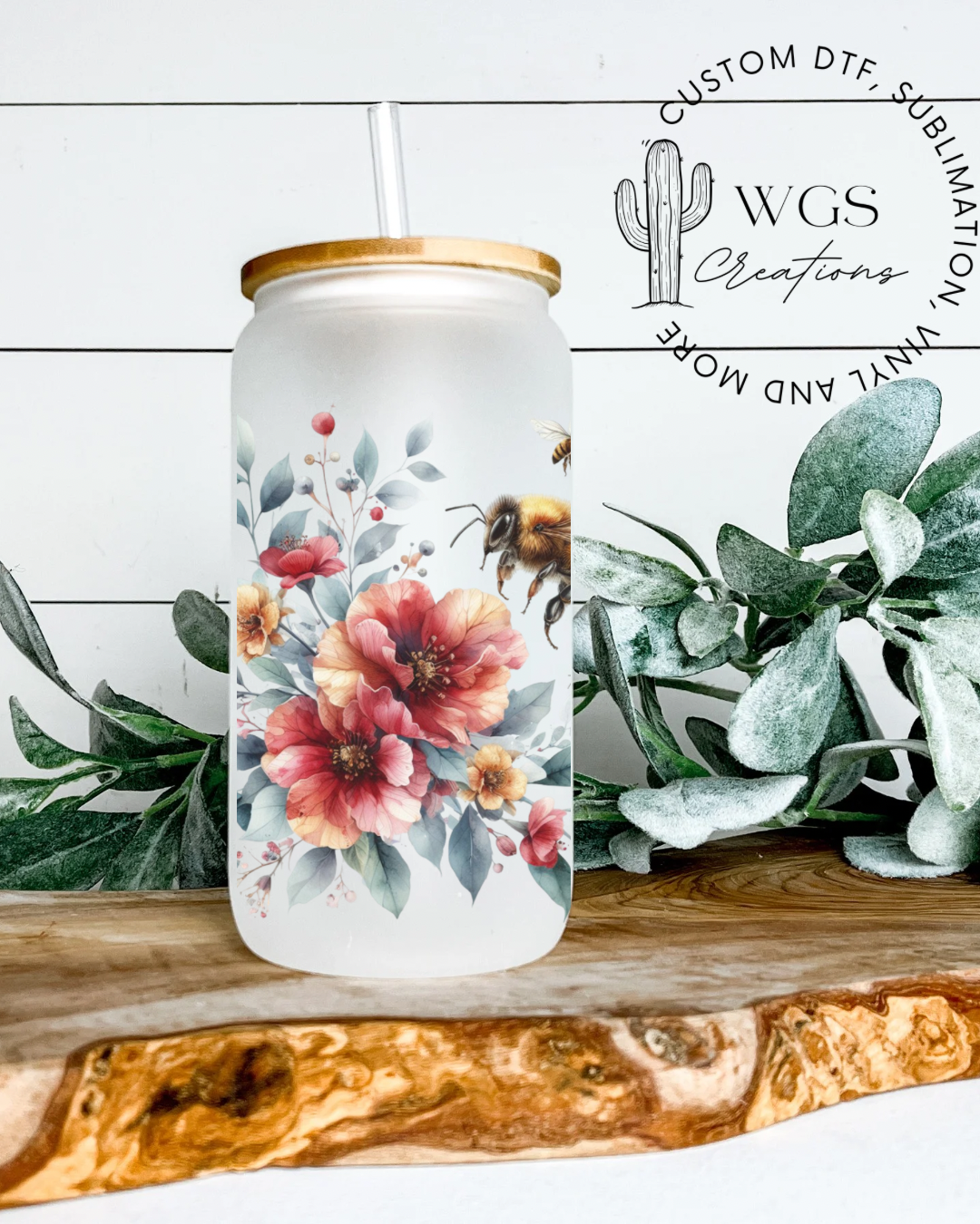 Floral Bee 16oz Frosted Glass Can
