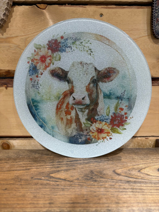 Floral Cow Round Glass Cutting Board