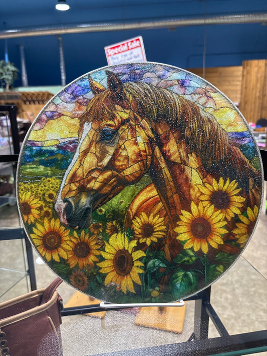 Horse & Sunflower Round Glass Cutting Board