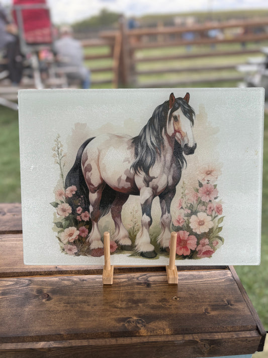Floral Horse Glass Cutting Board