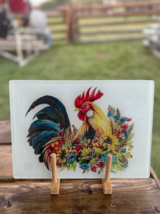Floral Rooster Glass Cutting Board