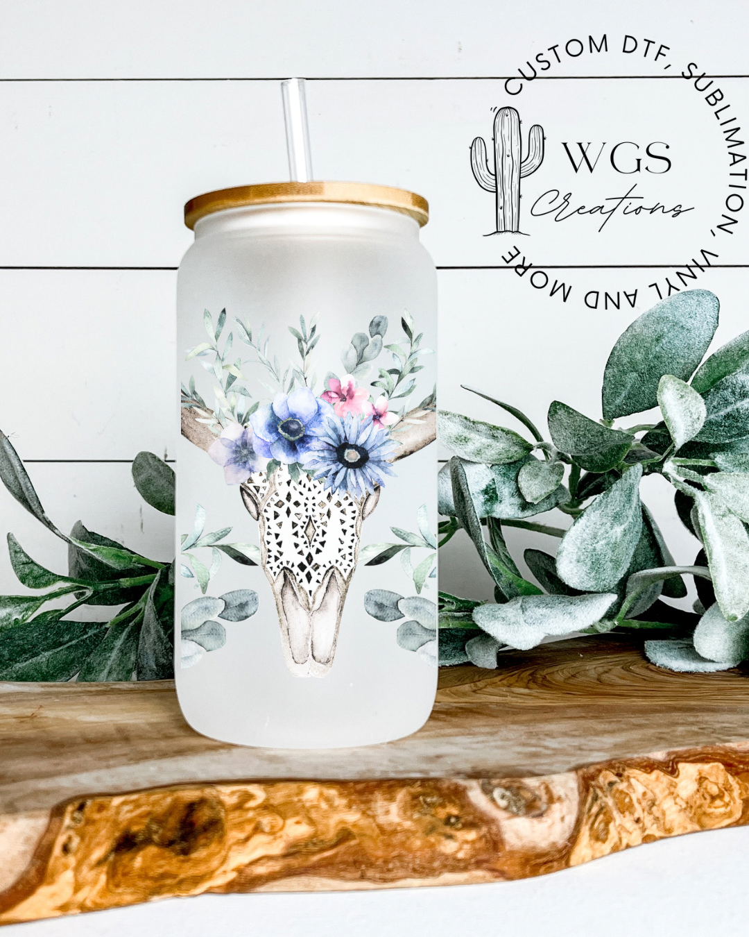 Floral Skull 16oz Frosted Glass Can