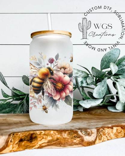 Floral Bee 16oz Frosted Glass Can