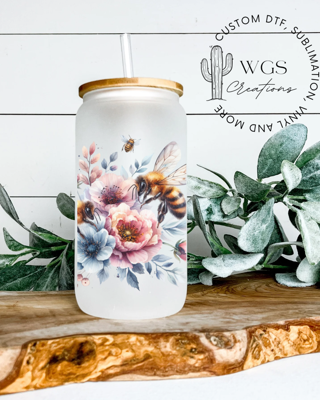 Floral Bee 16oz Frosted Glass Can