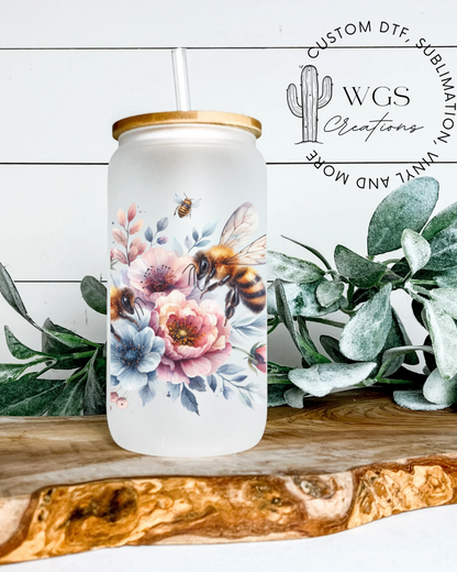 Floral Bee 16oz Frosted Glass Can