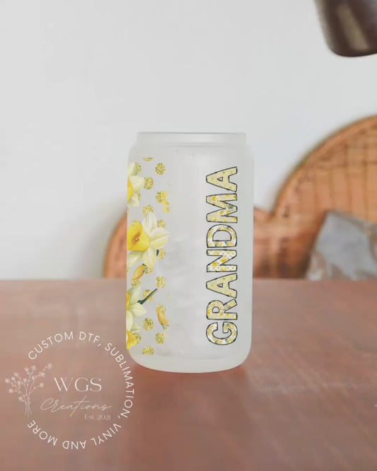 Yellow Floral Grandma 16oz Glass Can