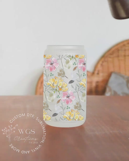 Spring Floral 16oz Frosted Glass Can